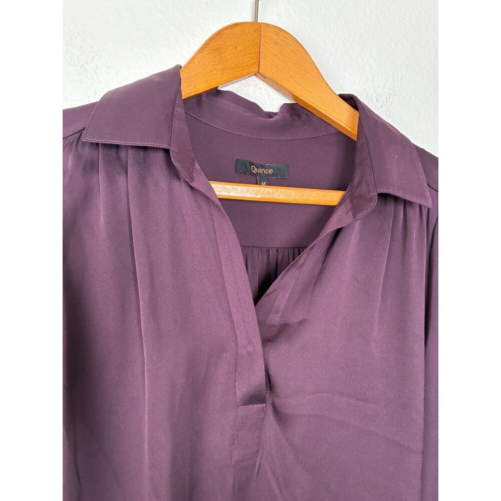 Quince Washable Silk Split Neck Blouse Chocolate Plum Brown Medium Quiet Luxury - Picture 2 of 9